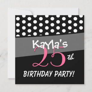 Invitación Puntos de polka rosa blanco negro por 25 años
