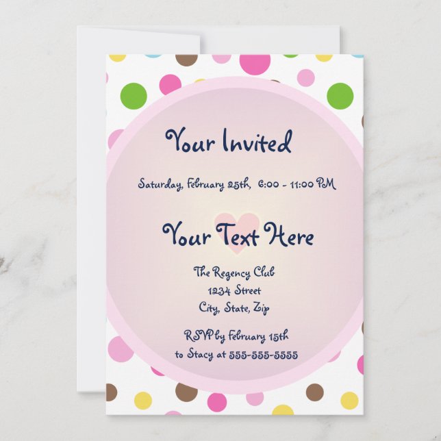 Invitación Puntos de Polka Rosa con Corazón (Anverso)