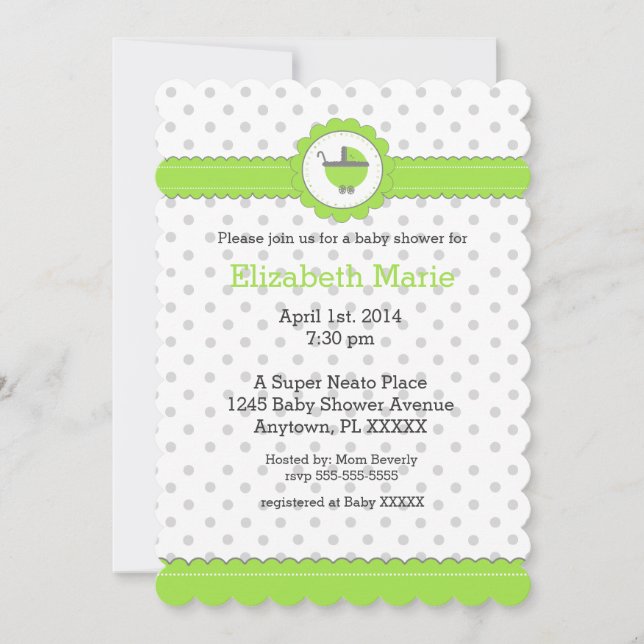 Invitación Puntos de polka verde y gris - Baby Shower (Anverso)