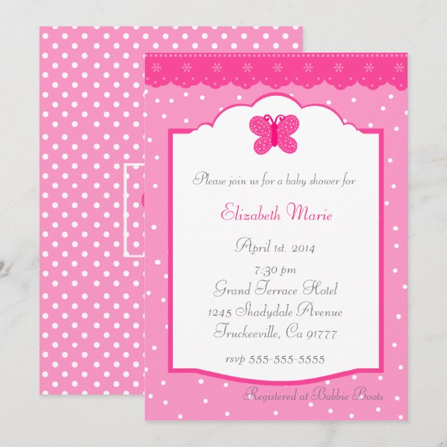 Invitación Puntos de polka y Baby Shower mariposa (Anverso / Reverso)