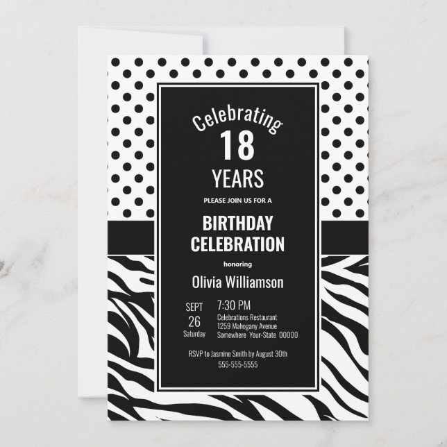 Invitación Puntos de Polka y franjas de cebra 18 cumpleaños (Anverso)