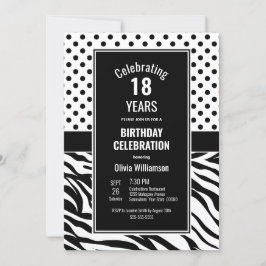Invitación Puntos de Polka y franjas de cebra 18 cumpleaños