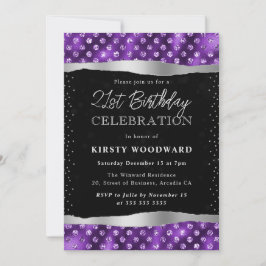 Invitación Puntos de purpurina púrpura y negro Cumpleaños 21
