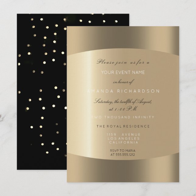 Invitación Puntos de Sepia Mínima Metálica de Oro Negro Blanc (Anverso / Reverso)