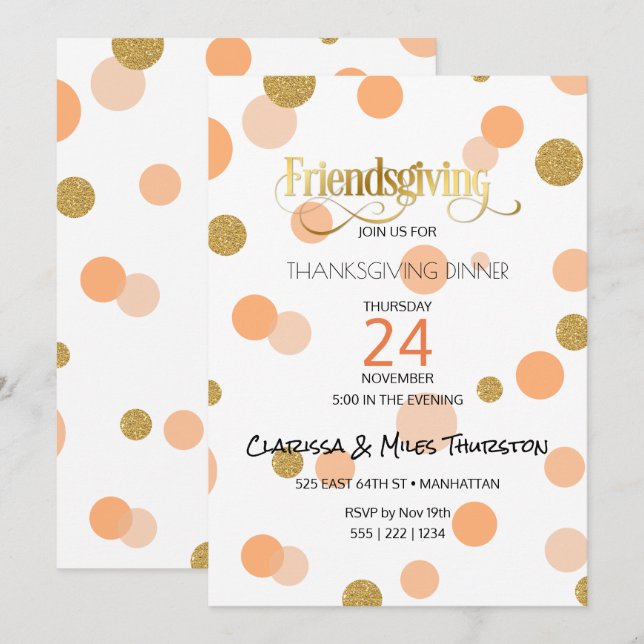 Invitación Puntos del naranja y del oro de Friendsgiving (Anverso / Reverso)