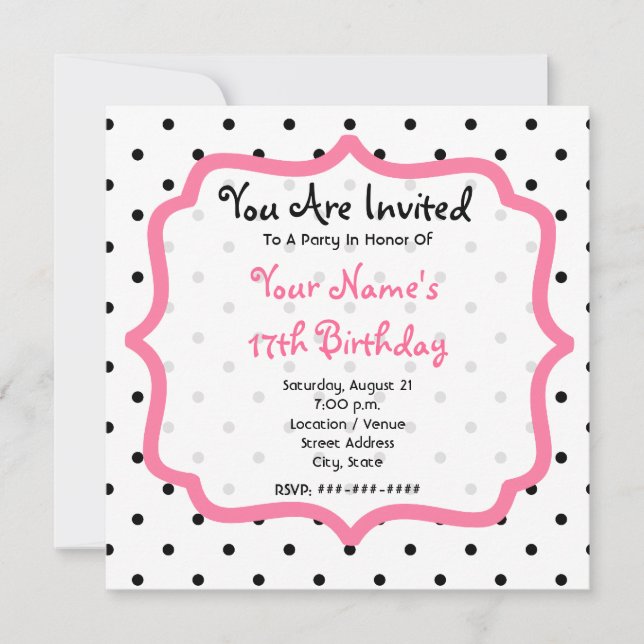 Invitación Puntos del Polka Negro y Fiesta de Cumpleaños Rosa (Anverso)