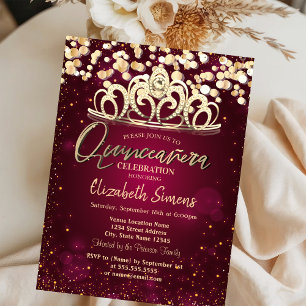 Invitación Puntos dorados chic, Tiara Burgundy Quinceañera