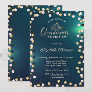 Invitación Puntos Dorados Elegantes, Tiara Verde Quinceañera