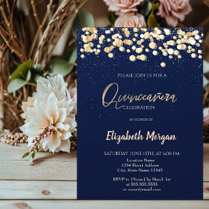 Invitación Puntos Elegantes, Confeti Azul Marino Quinceañera