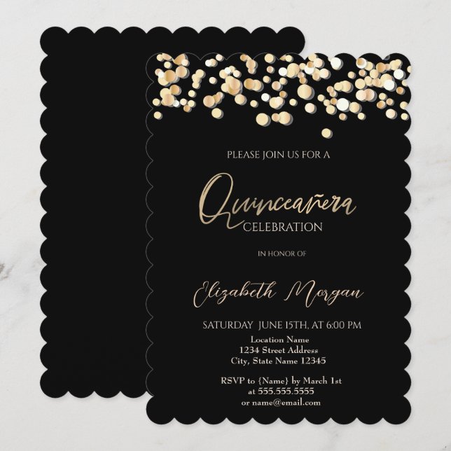 Invitación Puntos Elegantes, Confetti Black Quinceañera (Anverso / Reverso)