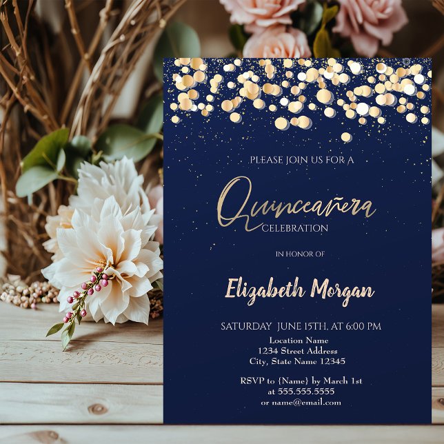 Invitación Puntos elegantes, confetti Navy azul Quinceañera (Subido por el creador)