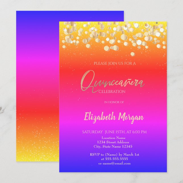 Invitación Puntos elegantes, Ombre de color confetti Quinceañ (Anverso / Reverso)