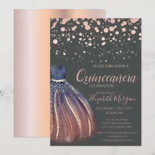 Invitación Puntos Modernos de Oro Rosa, Vestido Elegante Gris