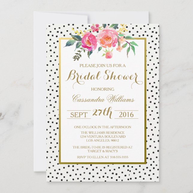 Invitación Puntos modernos de polka y ducha de novias doradas (Anverso)