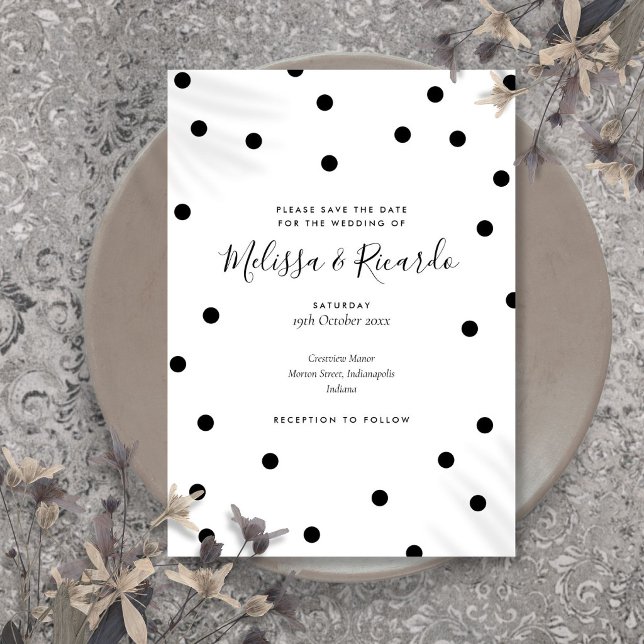 Invitación Puntos Modernos en Blanco y Negro Salva la Fecha (Modern Black and White Polka Dots Save the Date Invitation)