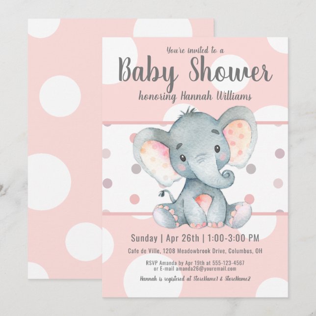 Invitación Puntos Pastel Rosa Cute Elefante Baby Shower (Anverso / Reverso)