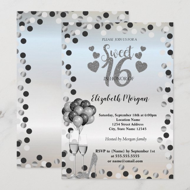 Invitación Puntos plateados, vidrio, balones, dulce 16 Fiesta (Anverso / Reverso)