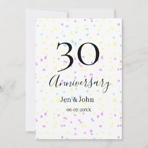 Invitación Puntos polka azules rosados amarillos 30 aniversar