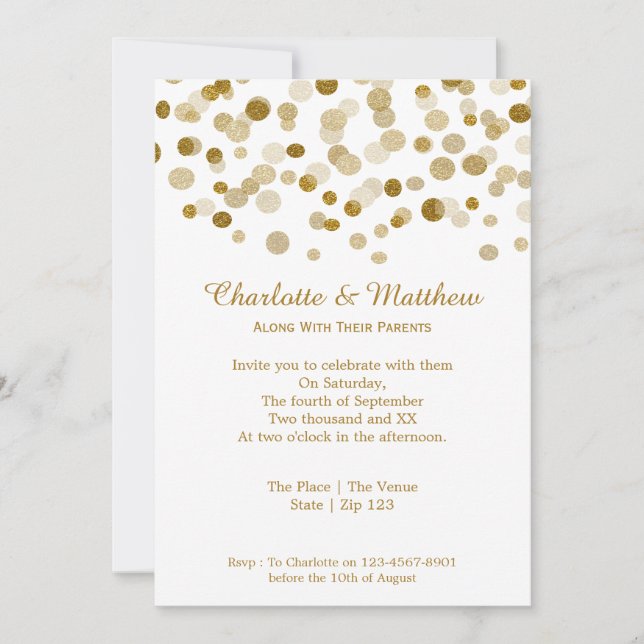Invitación Puntos Purpurinas boda Gold Faux (Anverso)