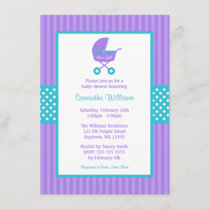 Invitación Puntos rayados Baby Shower del carro púrpura y