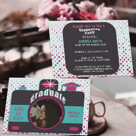 Invitación Puntos retro de fotos de graduados Verde azulados