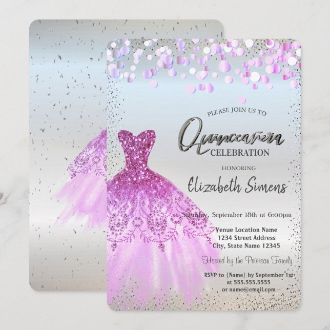 Invitación Puntos Violetas De Confetti, Vestido Plata Quincea (Anverso / Reverso)