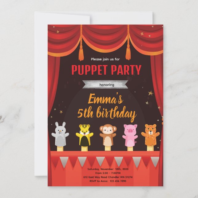 Invitación Puppet birthday party invitation (Anverso)