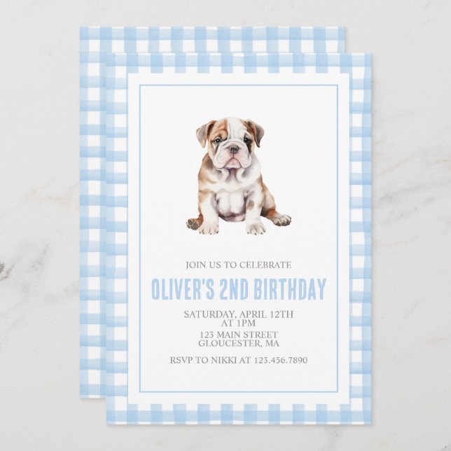 Invitación Puppy bulldog preppy plaid birthday (Anverso / Reverso)
