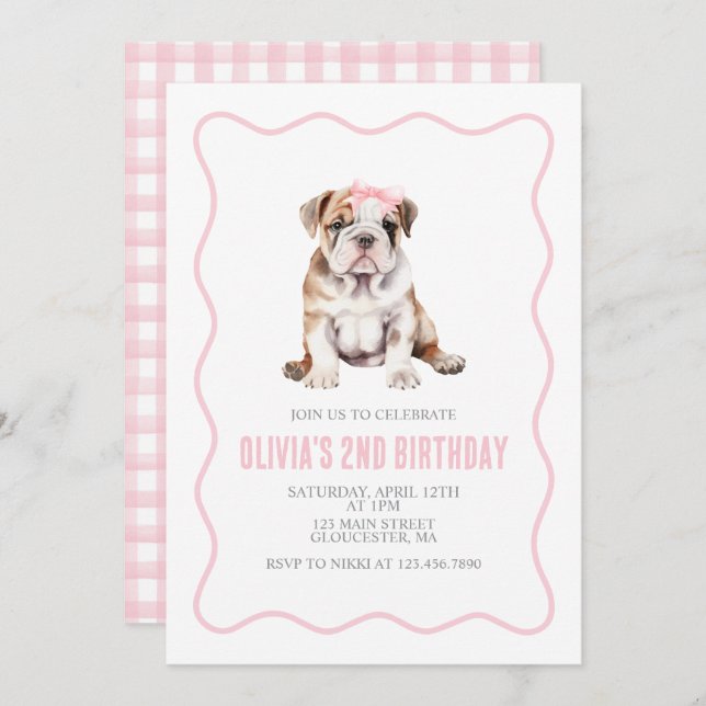 Invitación Puppy bulldog preppy plaid birthday invitation (Anverso / Reverso)