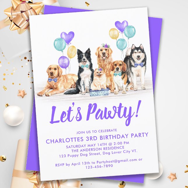 Invitación Puppy Dog Birthday Party Purple Chica (Subido por el creador)