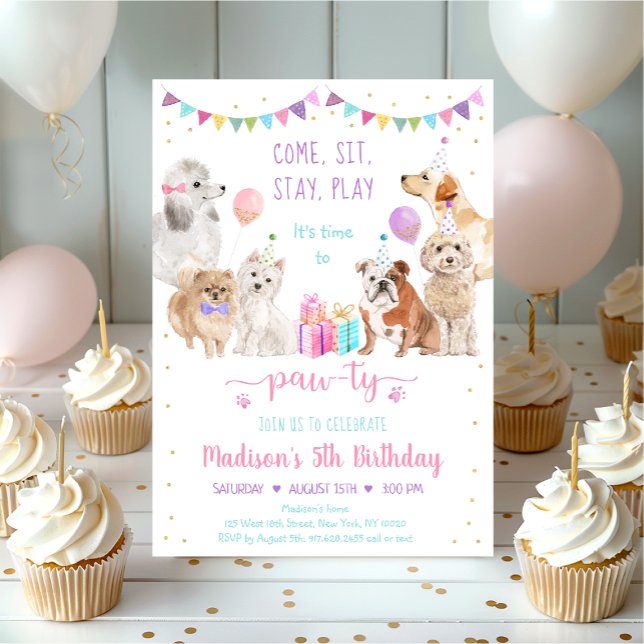 Invitación Puppy Dog Chica de Oro Rosa Paw-ty Cumpleaños (Subido por el creador)