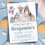Invitación Puppy Fiesta Dog Blue Boy Birthday Pawday<br><div class="desc">¡Vamos Pawty! Invite a amigos y familiares a sus hijos o a la fiesta de cumpleaños del perro con esta divertida tarjeta de invitación de cumpleaños de perro de acuarela. Personaliza con el nombre, número de cumpleaños y toda la información de la fiesta de cumpleaños del perro! Visite nuestra colección...</div>