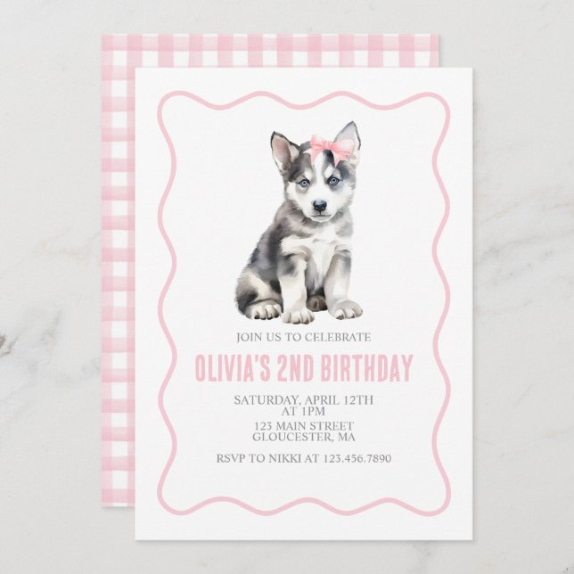 Invitación Puppy husky preppy plaid birthday invitation (Anverso / Reverso)