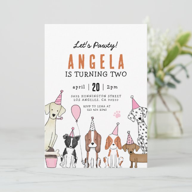 Invitación Puppy Pawty Dog chica Cumpleaños (Anverso de pie)