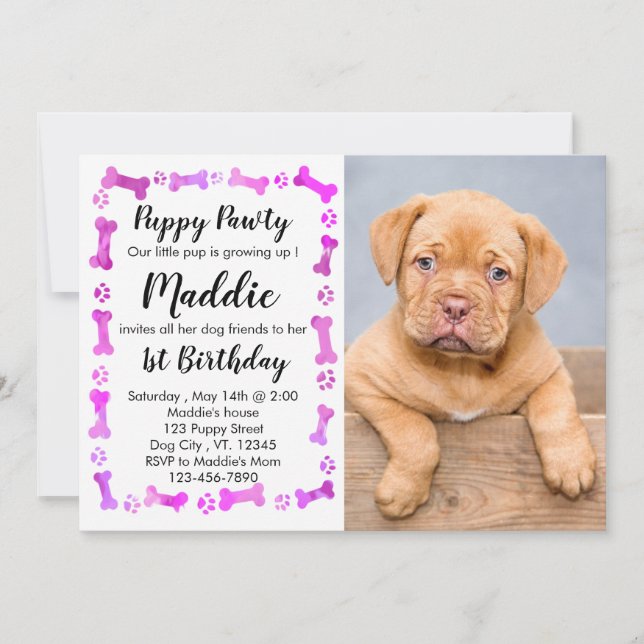 Invitación Puppy Pawty - Mascota Chica Rosa - Cachorro de cum (Anverso)