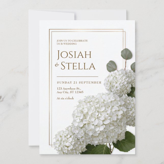 Invitación Pure White Minimalist Hydrangea Gold Frame Wedding (Anverso)