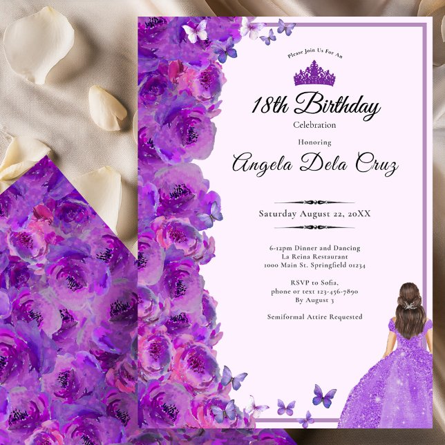 Invitación Purple 18th Birthday Roses and Dress Debut (Subido por el creador)