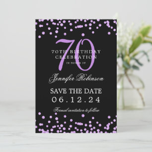 Invitación Purple 70th Birthday Save the Date Details Black