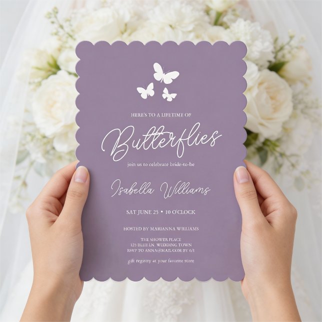 Invitación Purple A Lifetime of Butterflies Bridal Shower (Front of the invite shown in 5 x 7 inches, choose size, paper, and corner style.)