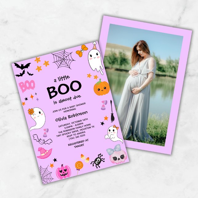 Invitación Purple A Little Boo Cuesta Baby Shower Halloween (Purple A Little Boo is Almost Due Cute Ghost Halloween Baby Shower Invitation  )