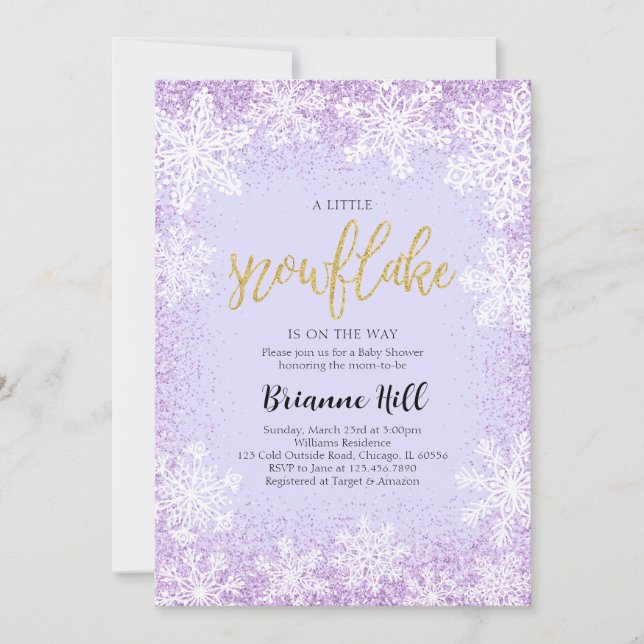 Invitación Purple A Little Snowflake Baby Shower (Anverso)