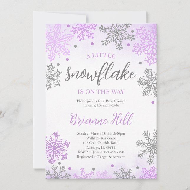 Invitación Purple A Little Snowflake Baby Shower (Anverso)