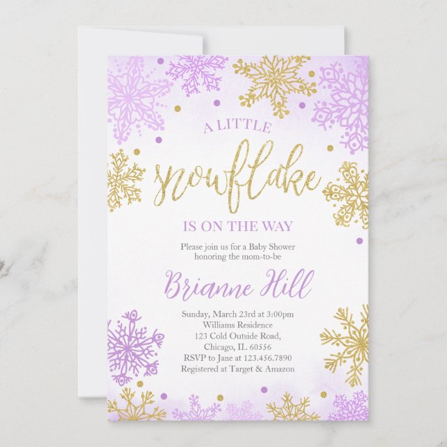 Invitación Purple A Little Snowflake Baby Shower (Anverso)