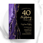 Invitación Purple Agate Gold Black 40 cumpleaños<br><div class="desc">Púrpura, negra y dorada agaron la invitación a la fiesta de cumpleaños número 40. Elegante diseño moderno con fondo geodésico de mármol agate acuarela, oro falso purpurina y tipografía de escritura. La carta de invitación de moda es perfecta para una elegante celebración del cumpleaños de las mujeres. Invitaciones Zazzle impresas...</div>