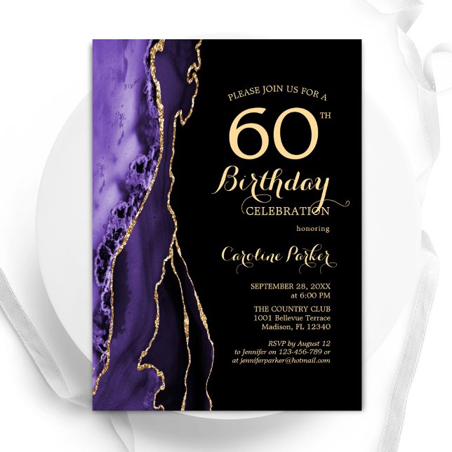 Invitación Purple Agate Gold Black 60 cumpleaños (Subido por el creador)