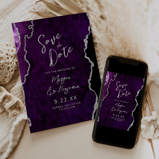 Invitación Purple Agate Silver Script Wedding Save the Date (Subido por el creador)