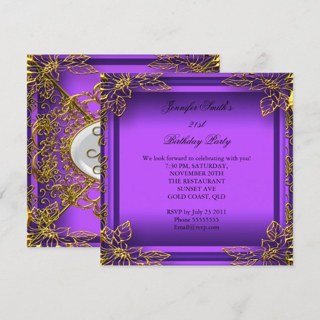 Invitación Purple All Occasions Elite Elegant Fiesta Gold (Anverso / Reverso)