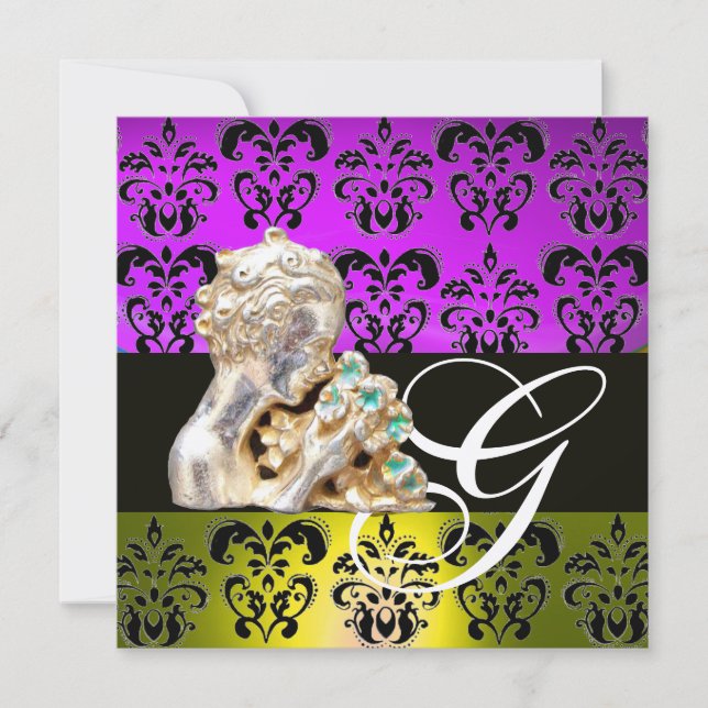 INVITACIÓN PURPLE, AMARILLO, NEGRO, BLANCO DAMASK JEWEL MONOG (Anverso)