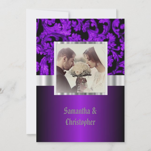 Invitación Purple and black gothic wedding photo invitation (Reverso)