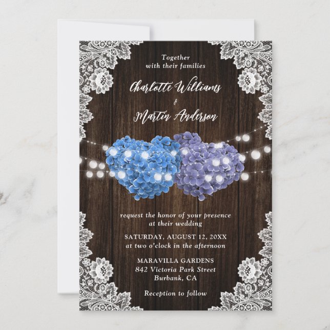 Invitación Purple and Blue Floral Hearts Wood Lace Wedding (Anverso)